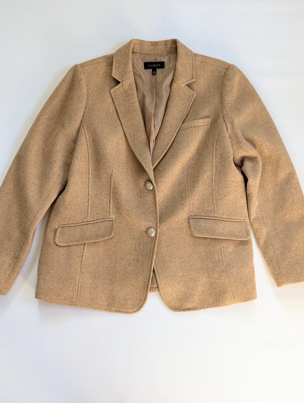 Talbots Classic Shetland Blazer Wool Blend Herringbone Size 16 Camel Tweed - Picture 3 of 15